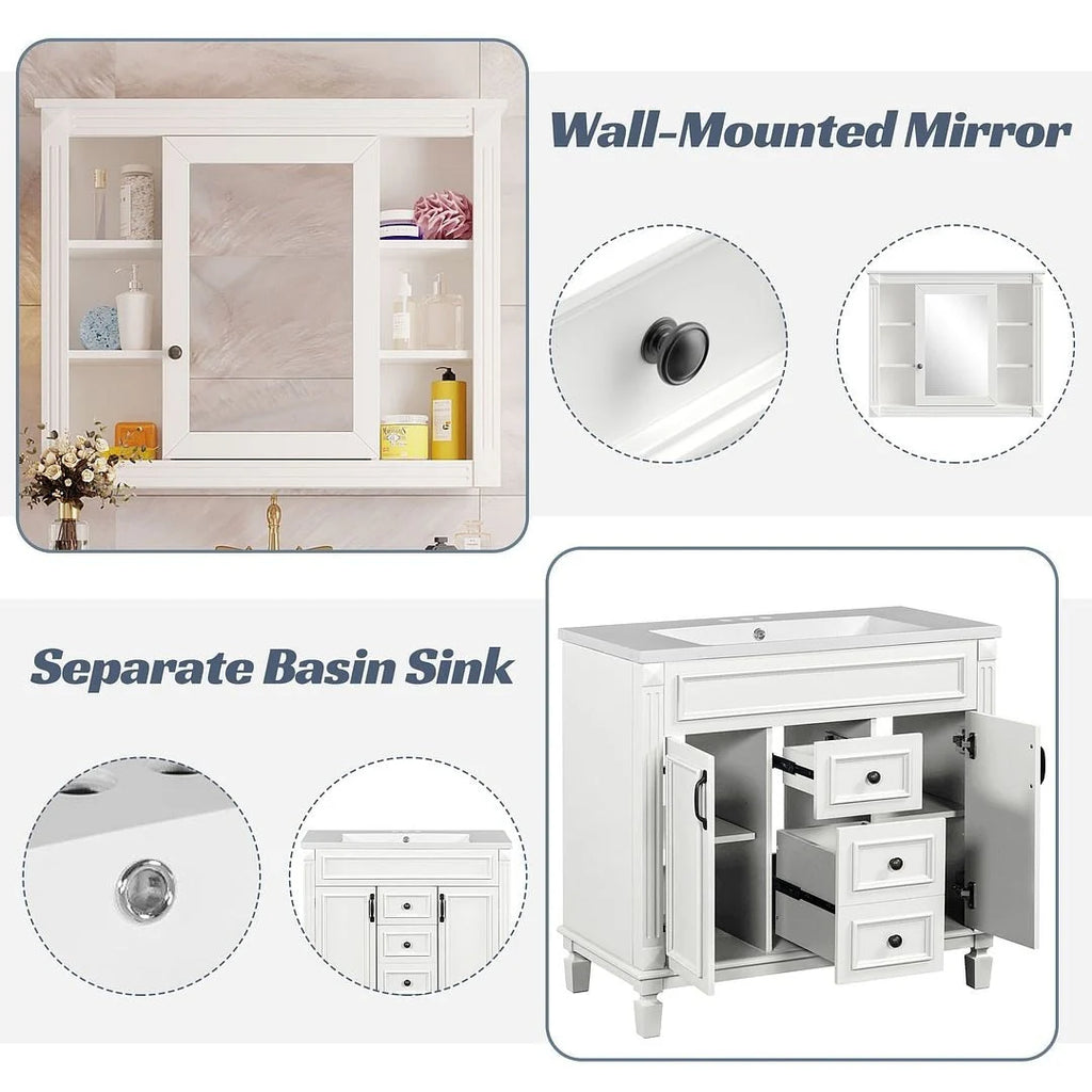 36'' Modern Bathroom Vanity with Top Sink and Mirror Cabinet,2 Doors and 2 Drawers