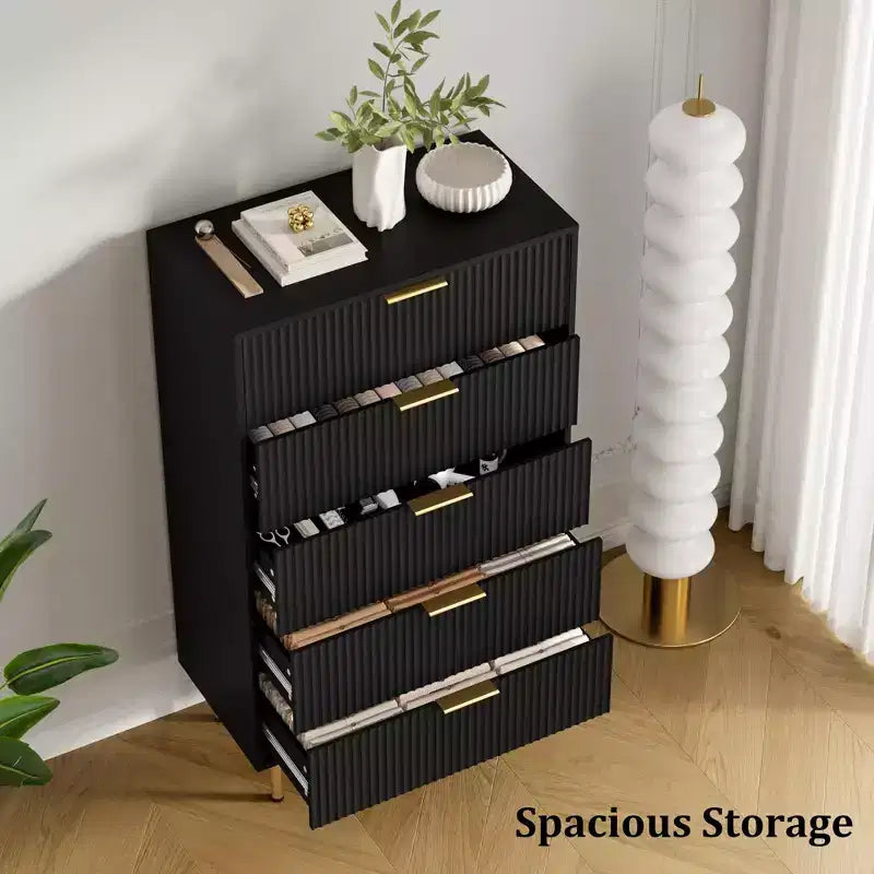 White / Marble & Wood 5-Drawer Dresser ¨C Fluted Panel, for 1 Person Use