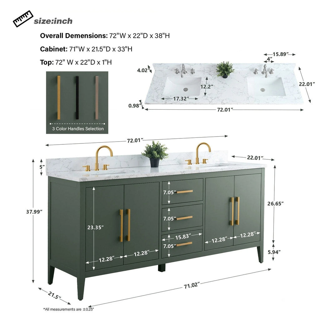Vanity Art 72 Double Sink Bathroom Vanity Cabinet with Engineered Marble Top