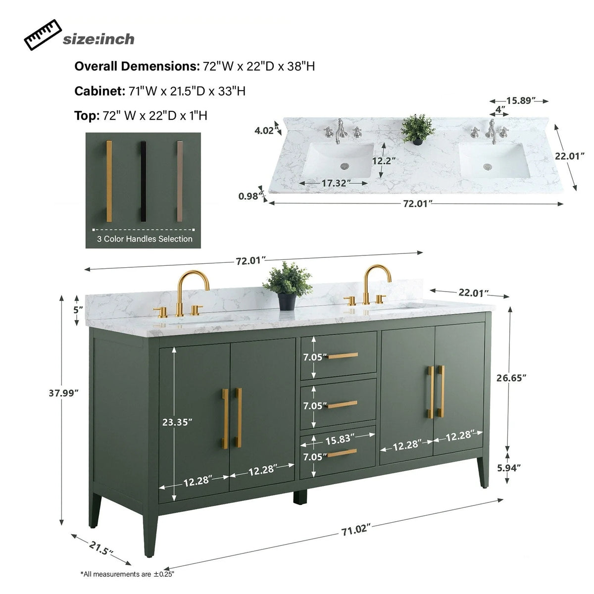Vanity Art 72 Double Sink Bathroom Vanity Cabinet with Engineered Marble Top