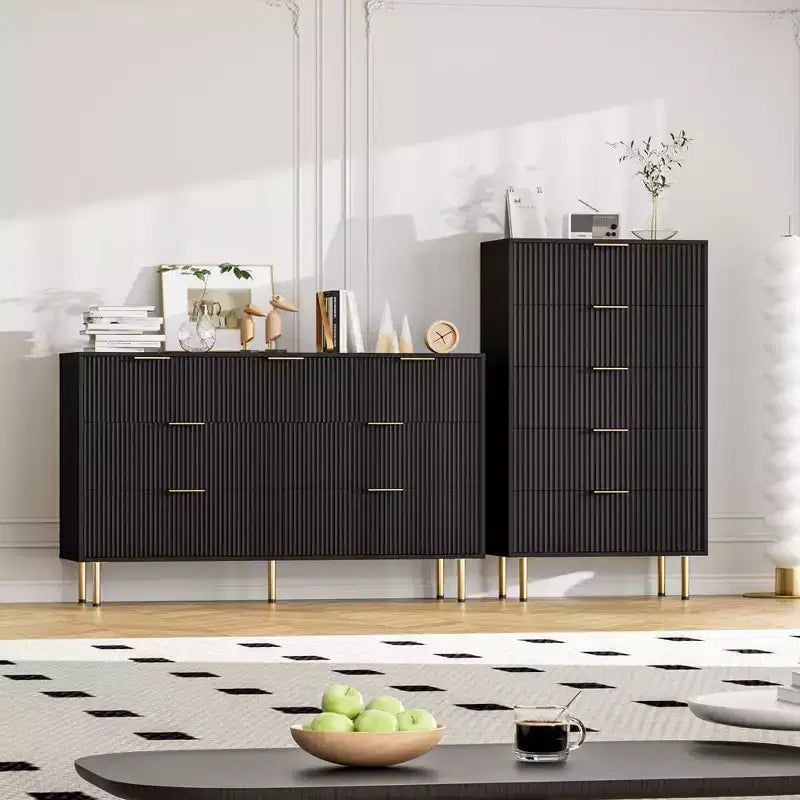 White / Marble & Wood 5-Drawer Dresser ¨C Fluted Panel, for 1 Person Use