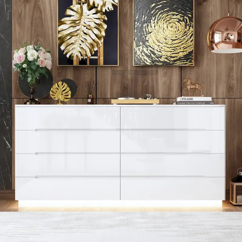Commode 63 à finition haute brillance avec caisson éclairé à 8 tiroirs et plateau spacieux