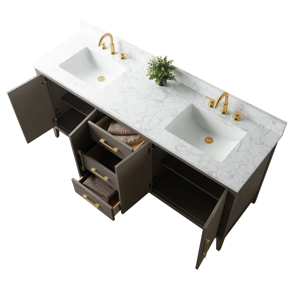 Vanity Art 72 Double Sink Bathroom Vanity Cabinet with Engineered Marble Top