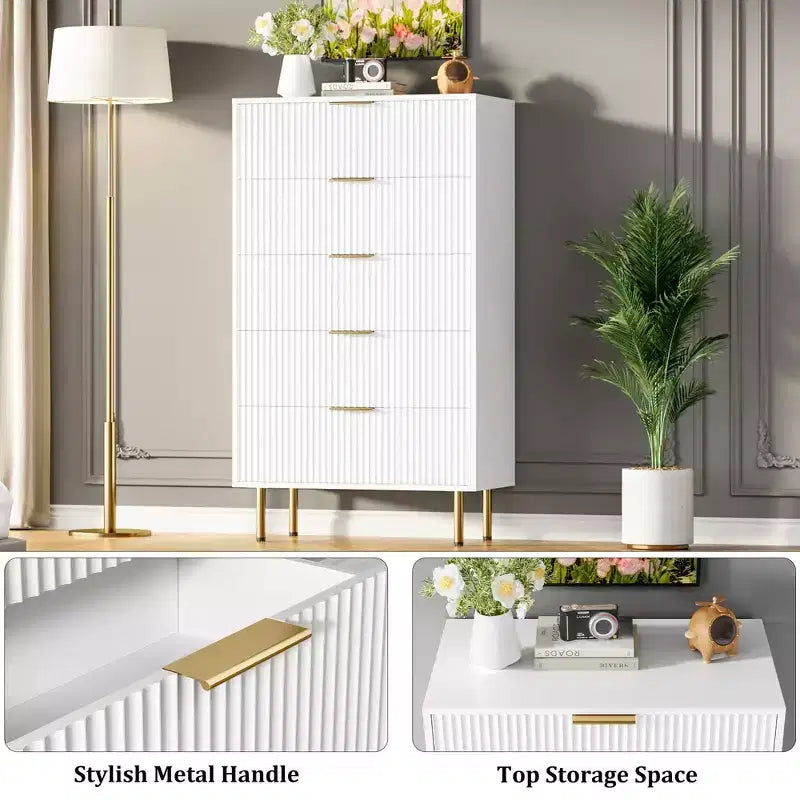 White / Marble & Wood 5-Drawer Dresser ¨C Fluted Panel, for 1 Person Use