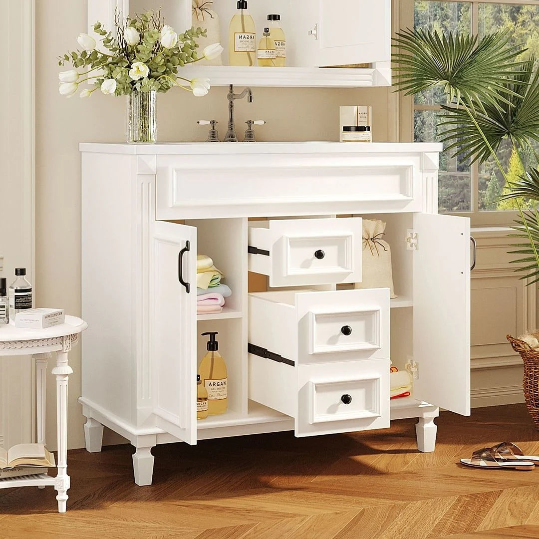 36'' Modern Bathroom Vanity with Top Sink and Mirror Cabinet,2 Doors and 2 Drawers