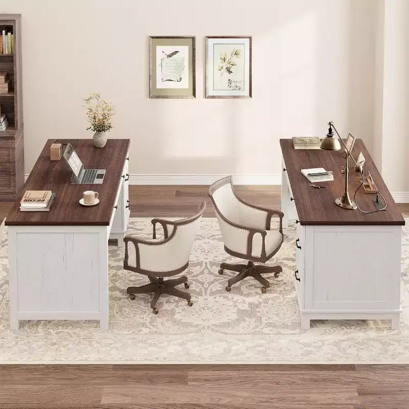 Bureau de travail style Ferme avec station de charge et classeur, 136 cm