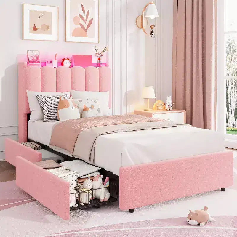 Cadre de lit avec tête de lit de rangement, cadre de lit pour enfant avec 2 tiroirs, lit plateforme tapissé en tissu, tête de lit profilée avec étagère.