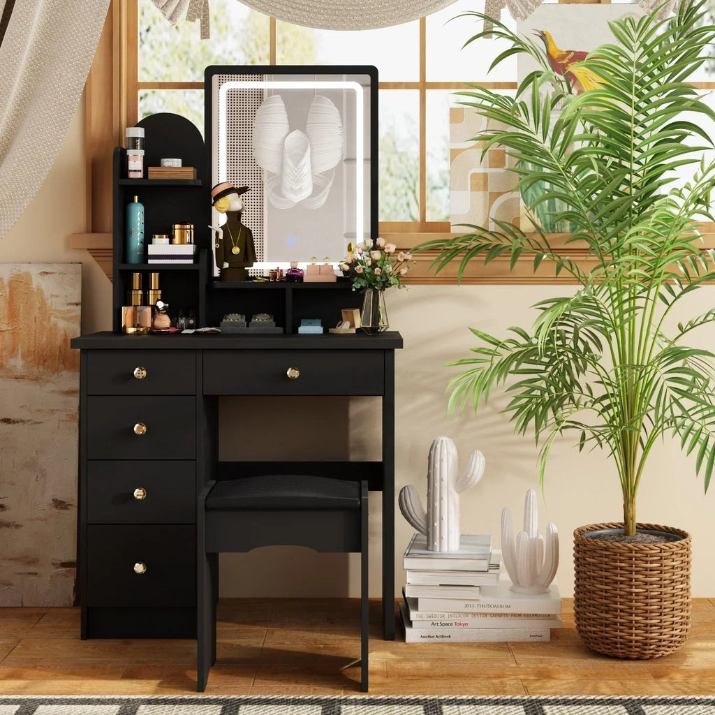 Coiffeuse avec éclairage LED, miroir et tabouret