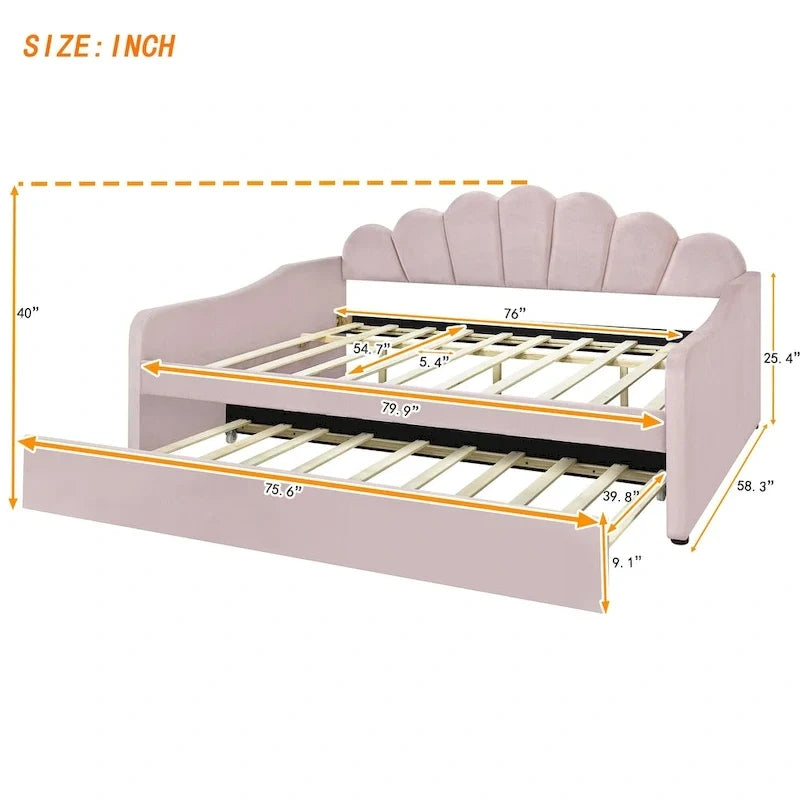 Full Size Upholstered Daybed with Shell Backrest and Trundle