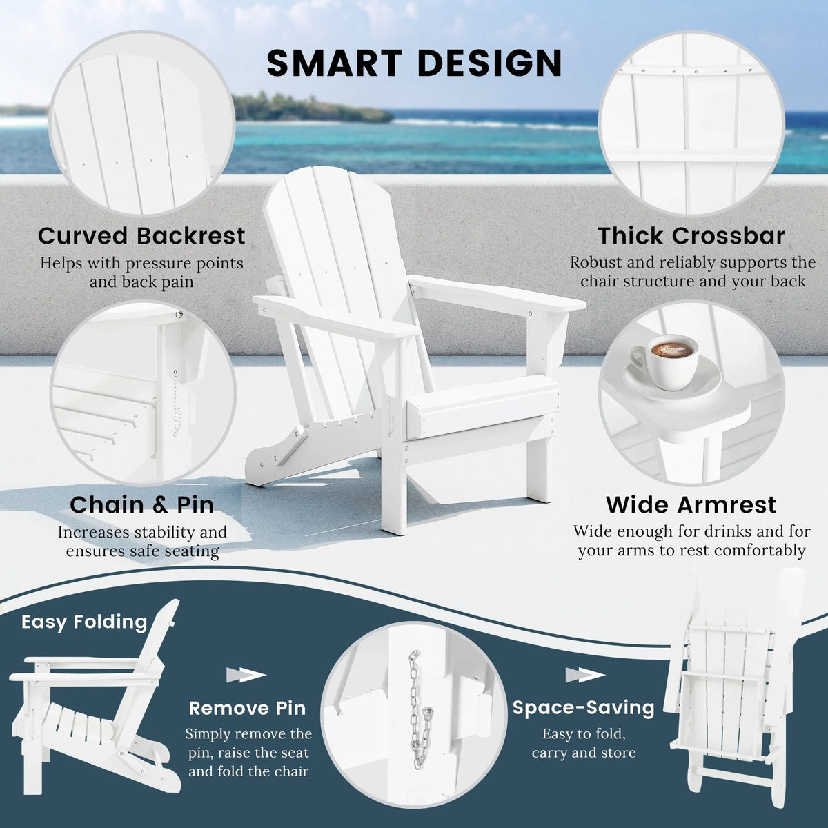Polytrends Laguna Fade Resistant All Weather Outdoor Patio Folding Adirondack Chair