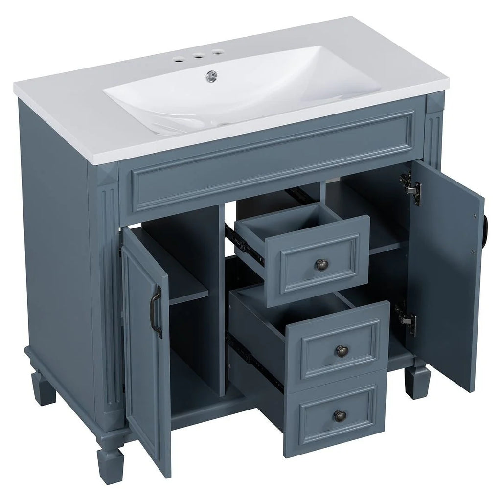 36'' Modern Bathroom Vanity with Top Sink and Mirror Cabinet,2 Doors and 2 Drawers