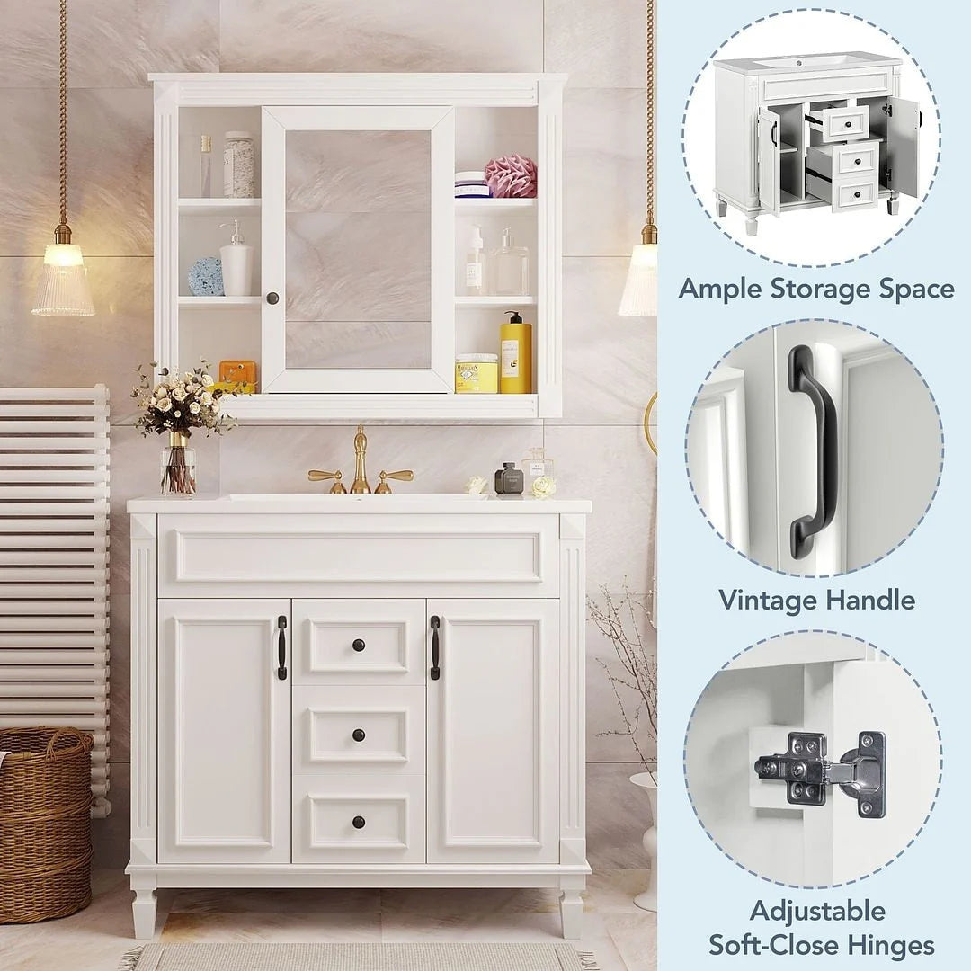 36'' Modern Bathroom Vanity with Top Sink and Mirror Cabinet,2 Doors and 2 Drawers