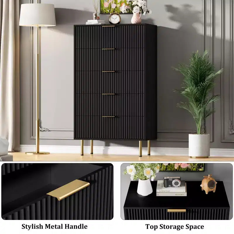 White / Marble & Wood 5-Drawer Dresser ¨C Fluted Panel, for 1 Person Use
