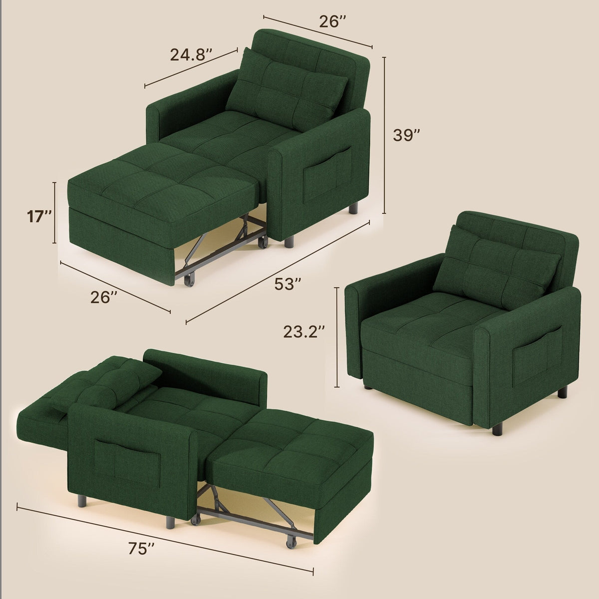 3-in-1 Adjustable Sleeper Sofa Bed, Pull Out Chair Sofa, Convertible Folding Bed for Living Room