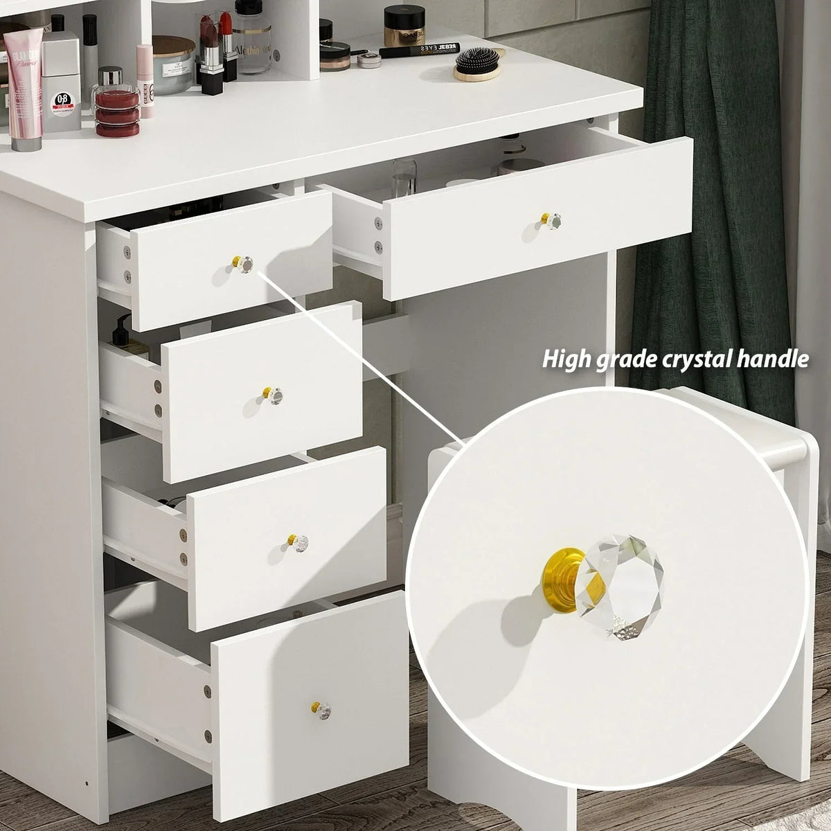 Coiffeuse avec éclairage LED, miroir et tabouret