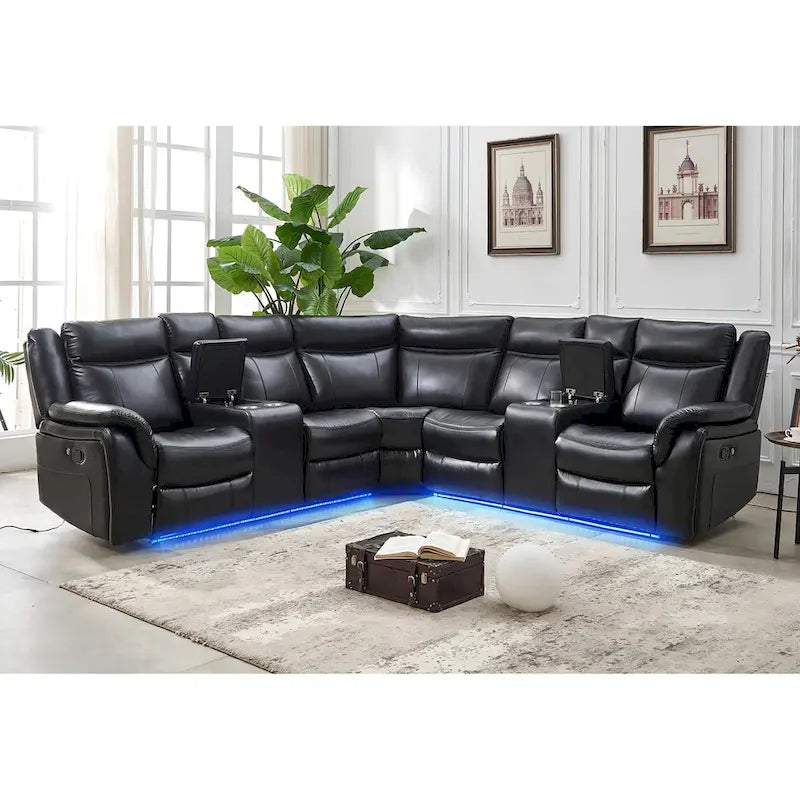 Canapé d'angle inclinable électrique avec lumières LED, fauteuil inclinable en similicuir, porte-gobelets en forme de L, port USB pour salon noir