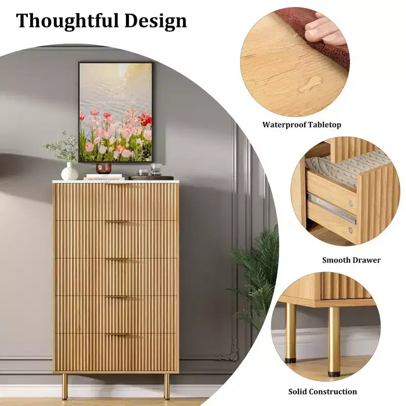 White / Marble & Wood 5-Drawer Dresser ¨C Fluted Panel, for 1 Person Use