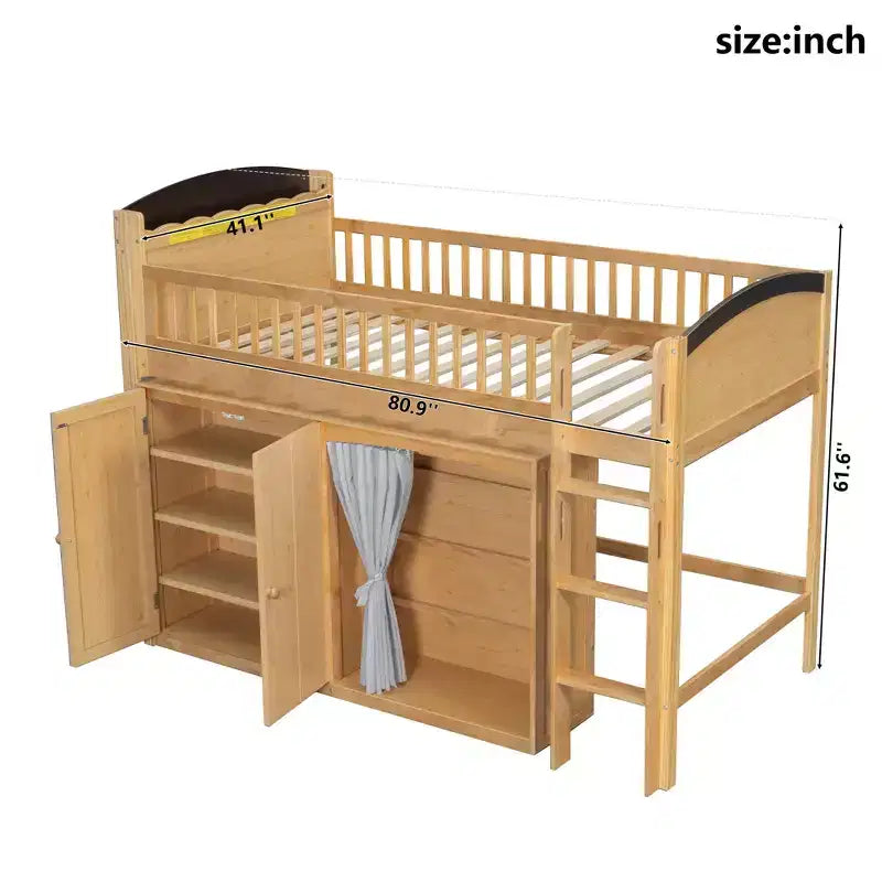 Lit mezzanine GDFStudio Bishop avec armoire de rangement, penderie et LED
