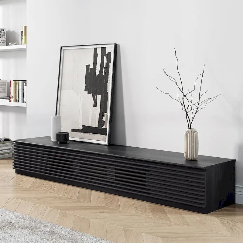 Minimalist TV Stand with DrawersSolid Wood Media Console with Cabinets, Flip-down Door, Walnut Veneer, Fully-Assembled