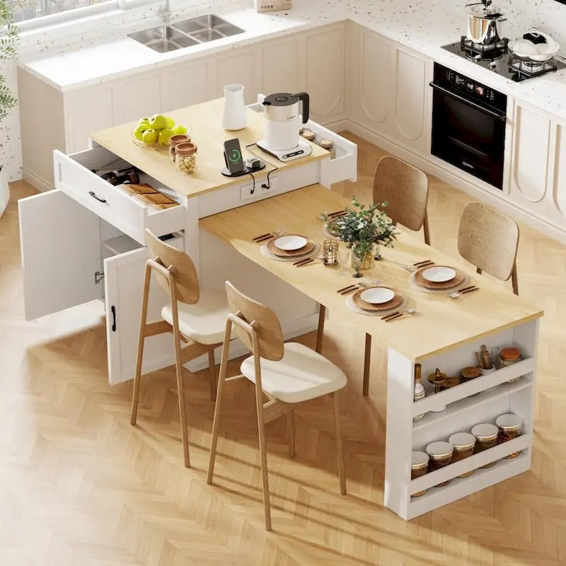 82.7 Wooden 4-6 Person Kitchen Island with Extendable Dining Table and Double-sized Storage