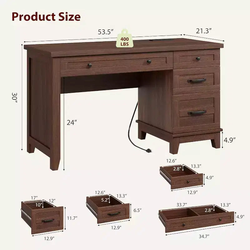 Bureau de travail style Ferme avec station de charge et classeur, 136 cm
