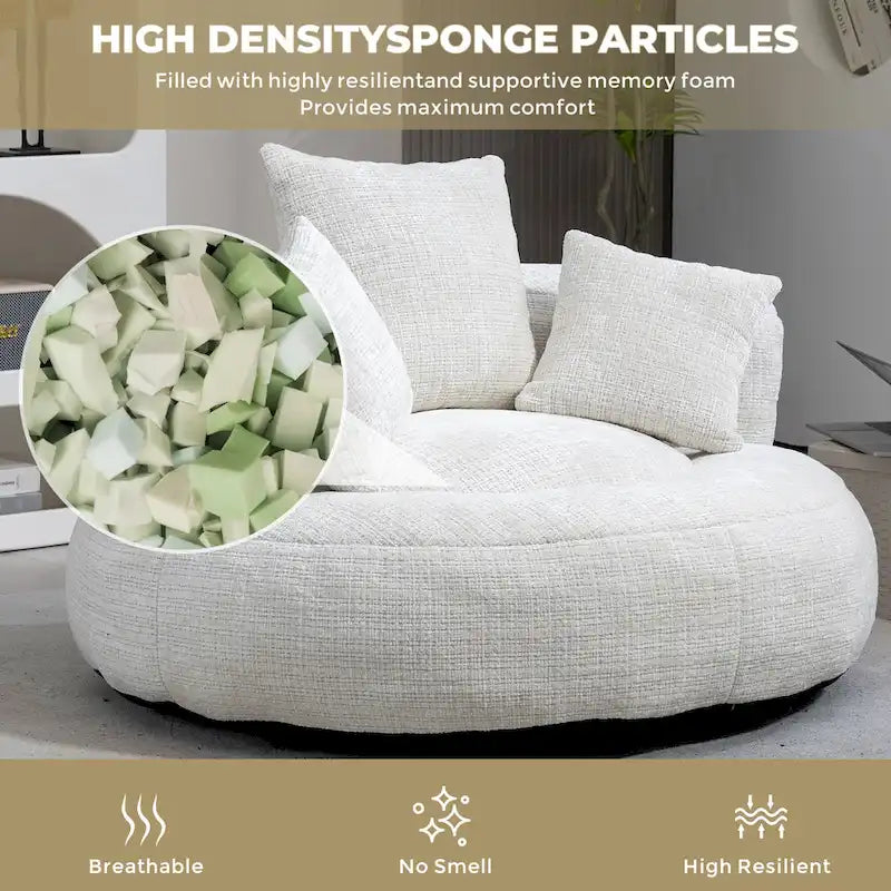 Fauteuil d'appoint rond surdimensionné avec haut dossier enveloppant, revêtement en chenille et 3 coussins