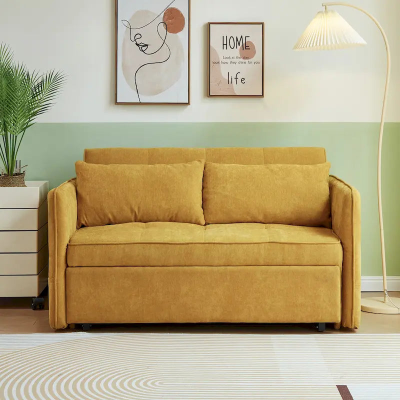 Yellow Chenille Fabric Pull-Out Sofa Bed Sleeper - 39.00 x 53.50 x 31.50