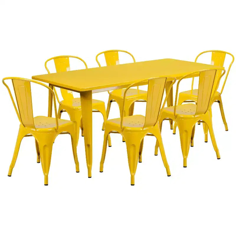 Emma and Oliver Commercial Grade Rectangular Metal Indoor-Outdoor Table Set with 6 Stack Chairs