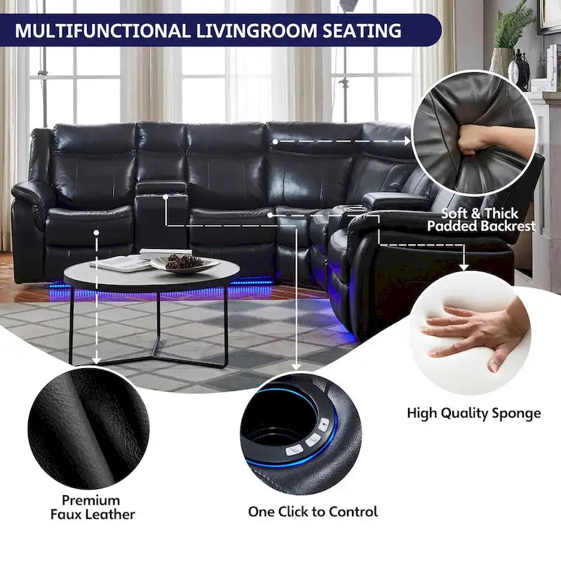 Canapé d'angle inclinable électrique avec lumières LED, fauteuil inclinable en similicuir, porte-gobelets en forme de L, port USB pour salon noir