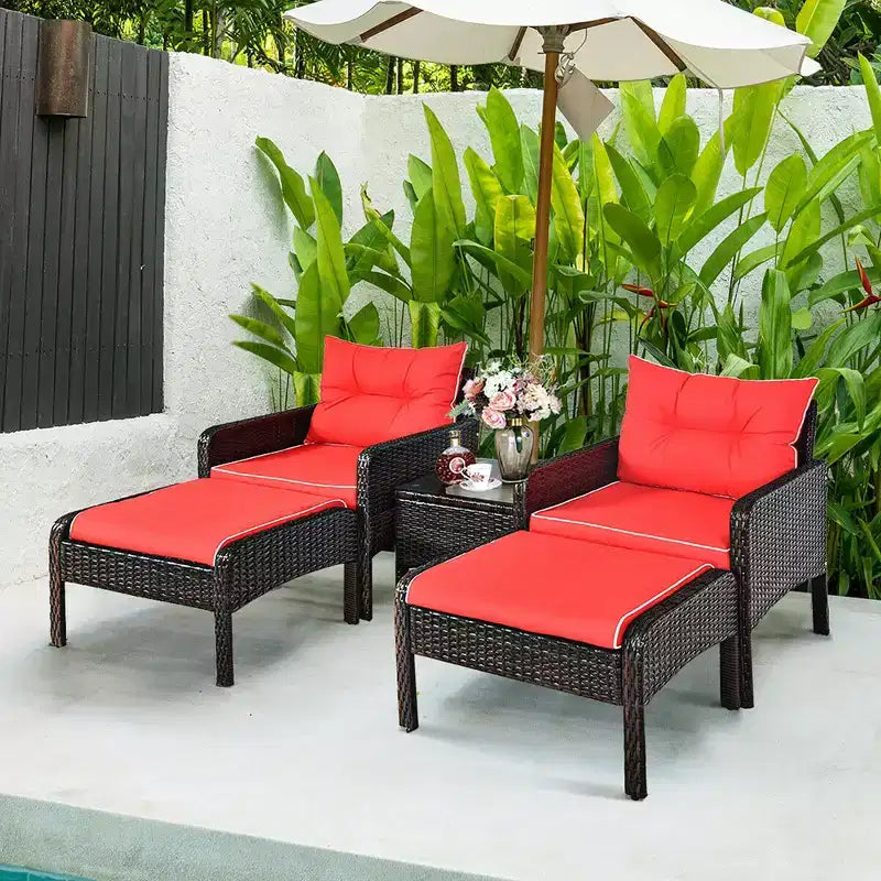 Costway 5 PCS Patio Rattan Furniture Set Sofa Ottoman Table Cushioned Yard Red