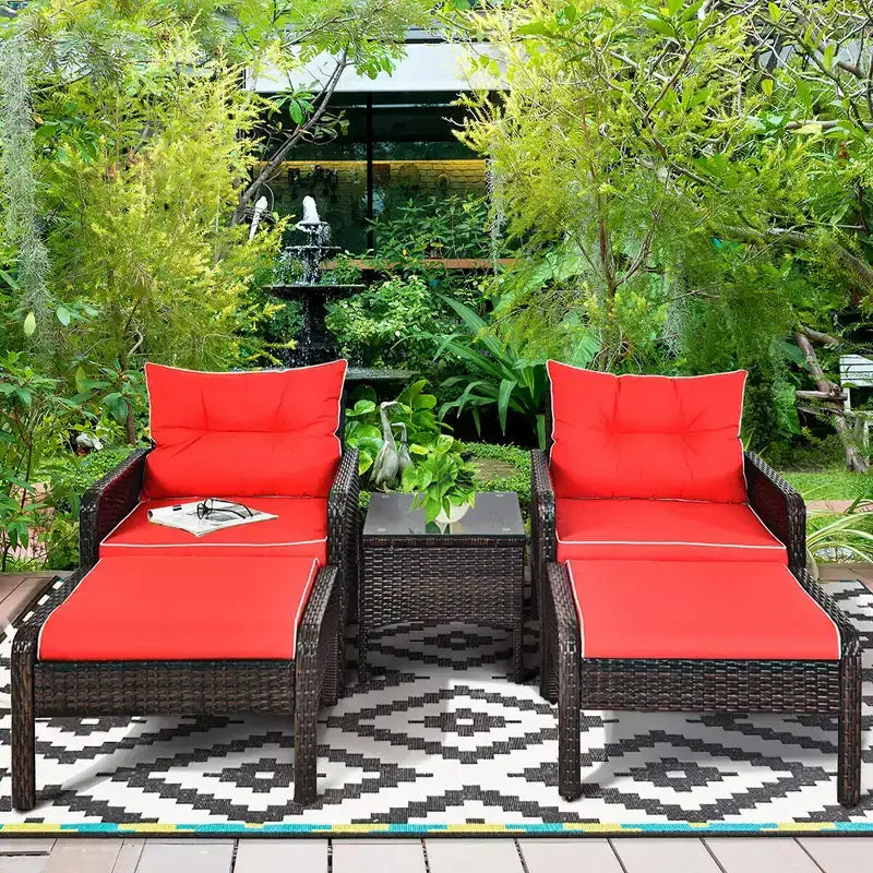 Costway 5 PCS Patio Rattan Furniture Set Sofa Ottoman Table Cushioned Yard Red