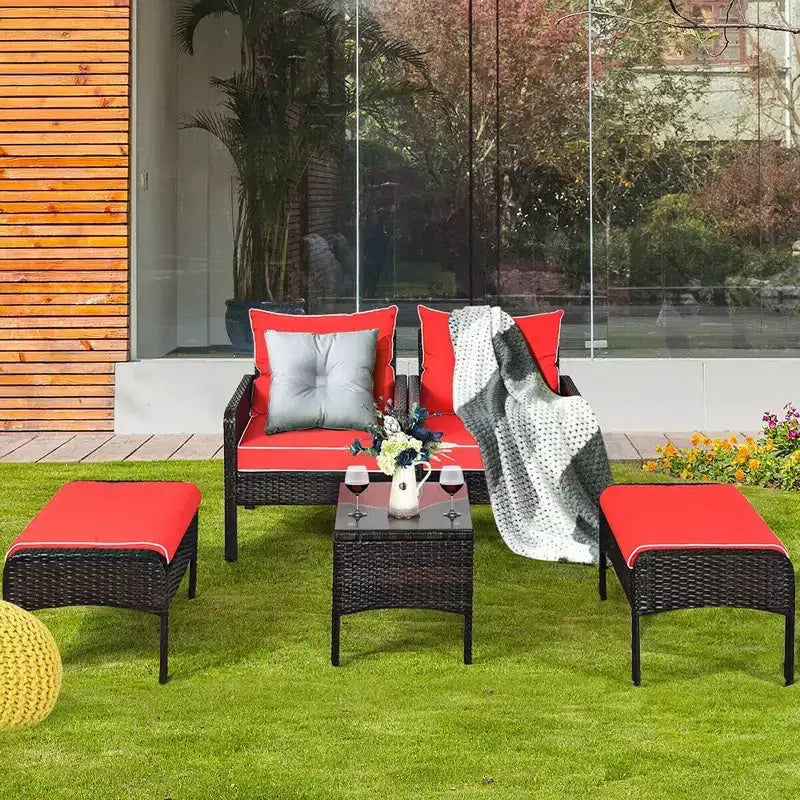 Costway 5 PCS Patio Rattan Furniture Set Sofa Ottoman Table Cushioned Yard Red