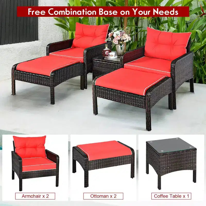 Costway 5 PCS Patio Rattan Furniture Set Sofa Ottoman Table Cushioned Yard Red