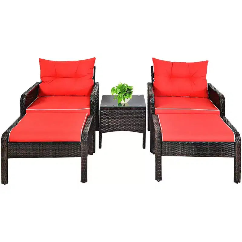 Costway 5 PCS Patio Rattan Furniture Set Sofa Ottoman Table Cushioned Yard Red