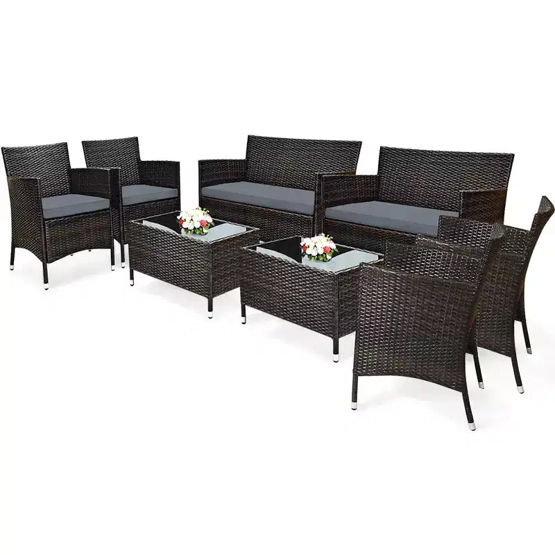 Costway 8PCS Rattan Patio Furniture Set Cushioned Sofa Chair Coffee Table Red\Brown\Turquoise