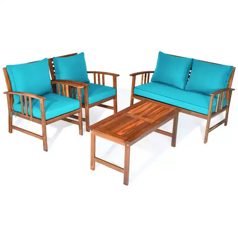 Costway 4PCS Wooden Patio Furniture Set Table Sofa Chair Cushioned Garden Turquoise