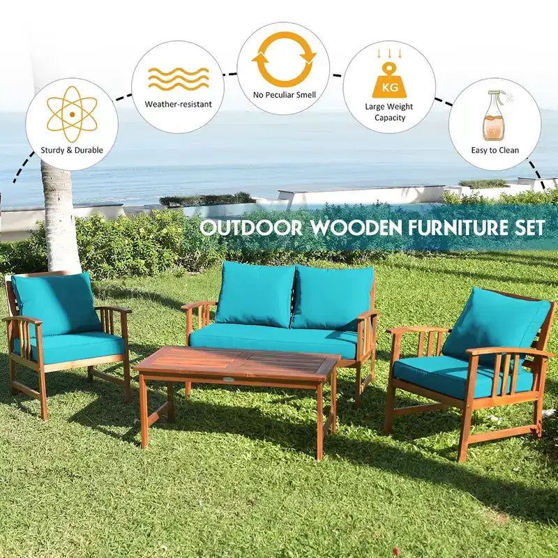 Costway 4PCS Wooden Patio Furniture Set Table Sofa Chair Cushioned Garden Turquoise