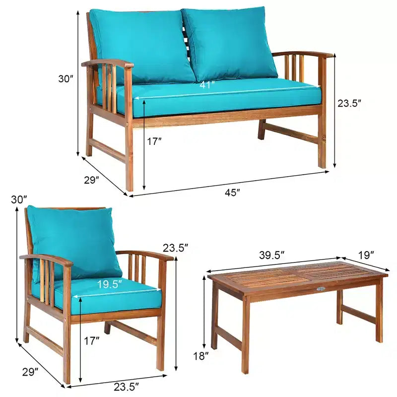 Costway 4PCS Wooden Patio Furniture Set Table Sofa Chair Cushioned Garden Turquoise