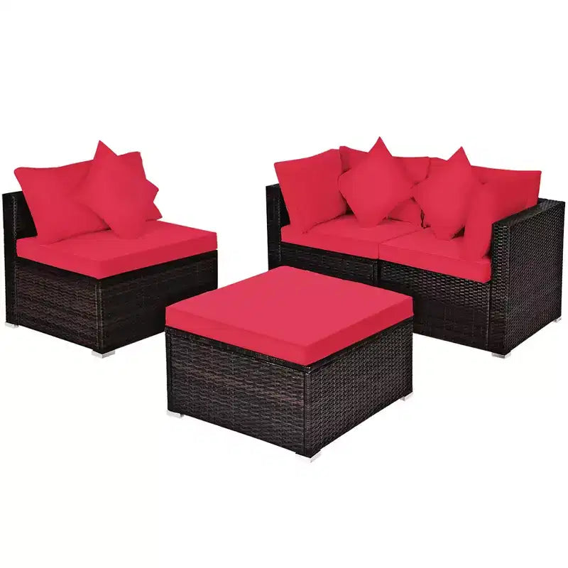 Costway 4PCS Patio Rattan Wicker Furniture Set Cushioned Sofa Ottoman Garden Turquoise\Red