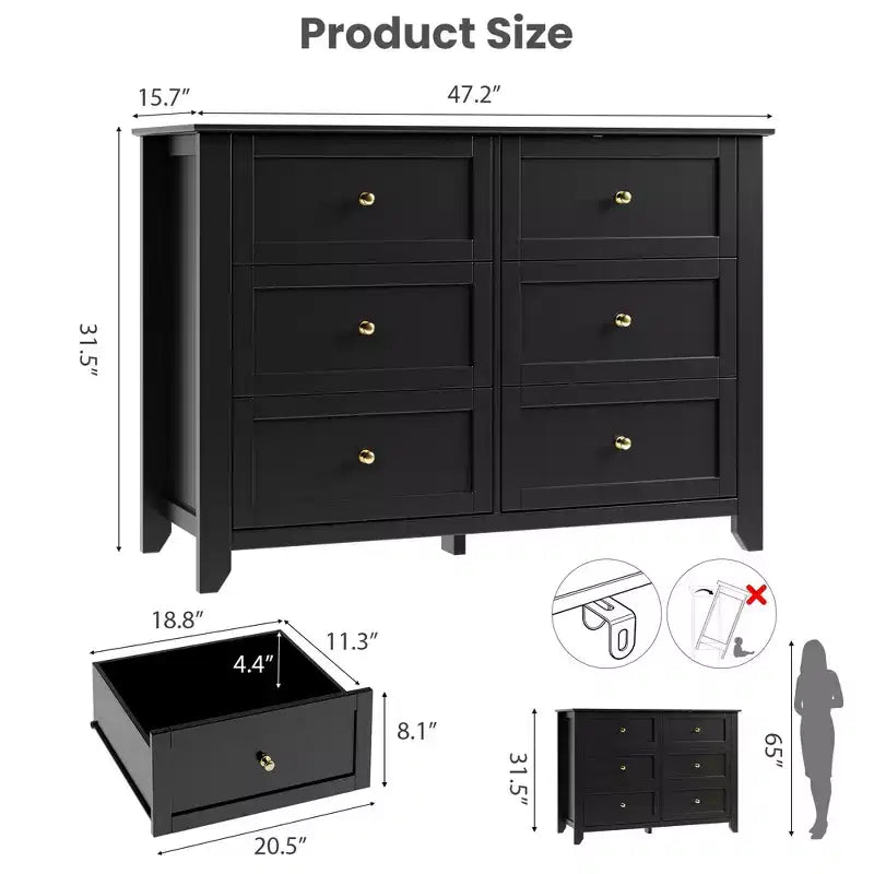 Commode à 6 tiroirs pour chambre à coucher, grande commode avec tiroirs profonds et poignées en métal, commodes modernes en bois pour entrée, couloir