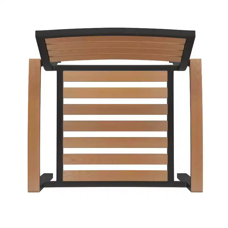 Emma and Oliver 5 Piece Patio Table Set - Synthetic Teak Poly Slats - 30 x 48 Steel Framed Table with Umbrella Holder Hole - 4 Stackable Club Chairs
