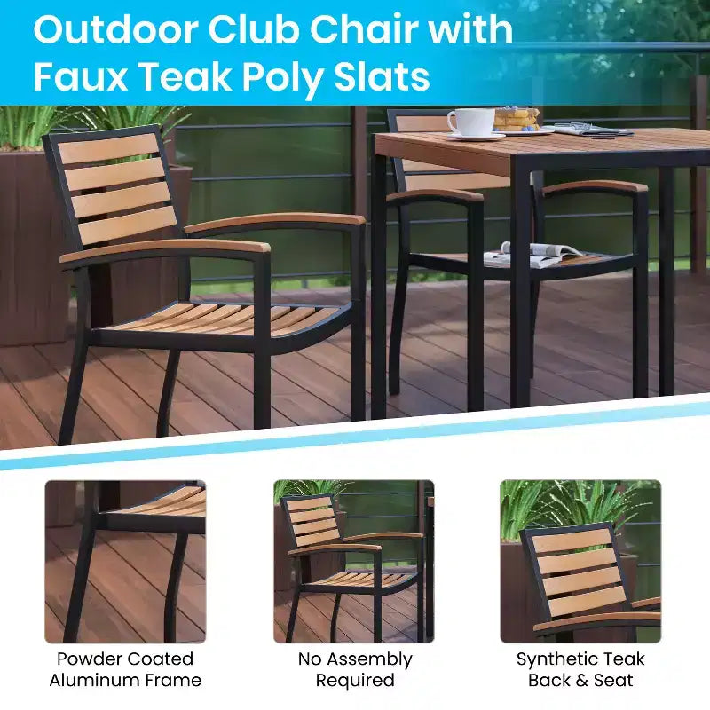 Emma and Oliver 5 Piece Patio Table Set - Synthetic Teak Poly Slats - 30 x 48 Steel Framed Table with Umbrella Holder Hole - 4 Stackable Club Chairs
