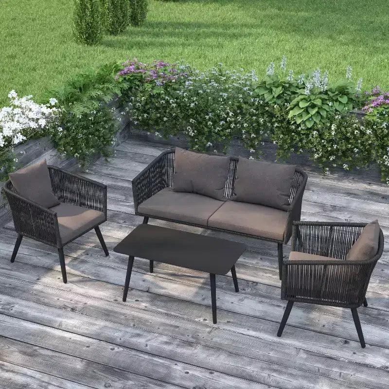 Merrick Lane Outdoor Furniture 4 Piece Black Woven Aluminum Frame Loveseat, 2 Chair and Coffee Table Set With Gray Cushions
