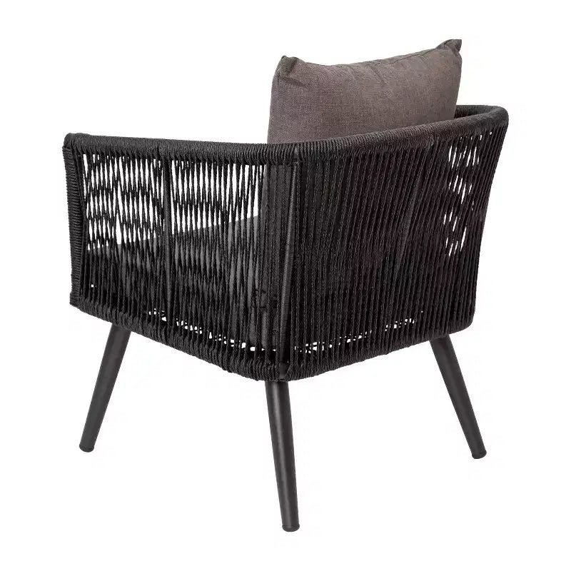 Merrick Lane Outdoor Furniture 4 Piece Black Woven Aluminum Frame Loveseat, 2 Chair and Coffee Table Set With Gray Cushions