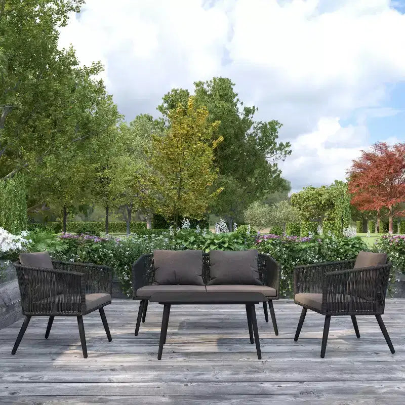 Merrick Lane Outdoor Furniture 4 Piece Black Woven Aluminum Frame Loveseat, 2 Chair and Coffee Table Set With Gray Cushions