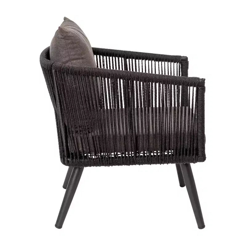 Merrick Lane Outdoor Furniture 4 Piece Black Woven Aluminum Frame Loveseat, 2 Chair and Coffee Table Set With Gray Cushions
