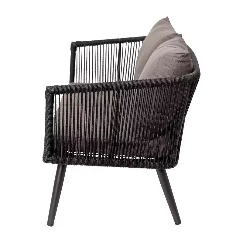 Merrick Lane Outdoor Furniture 4 Piece Black Woven Aluminum Frame Loveseat, 2 Chair and Coffee Table Set With Gray Cushions