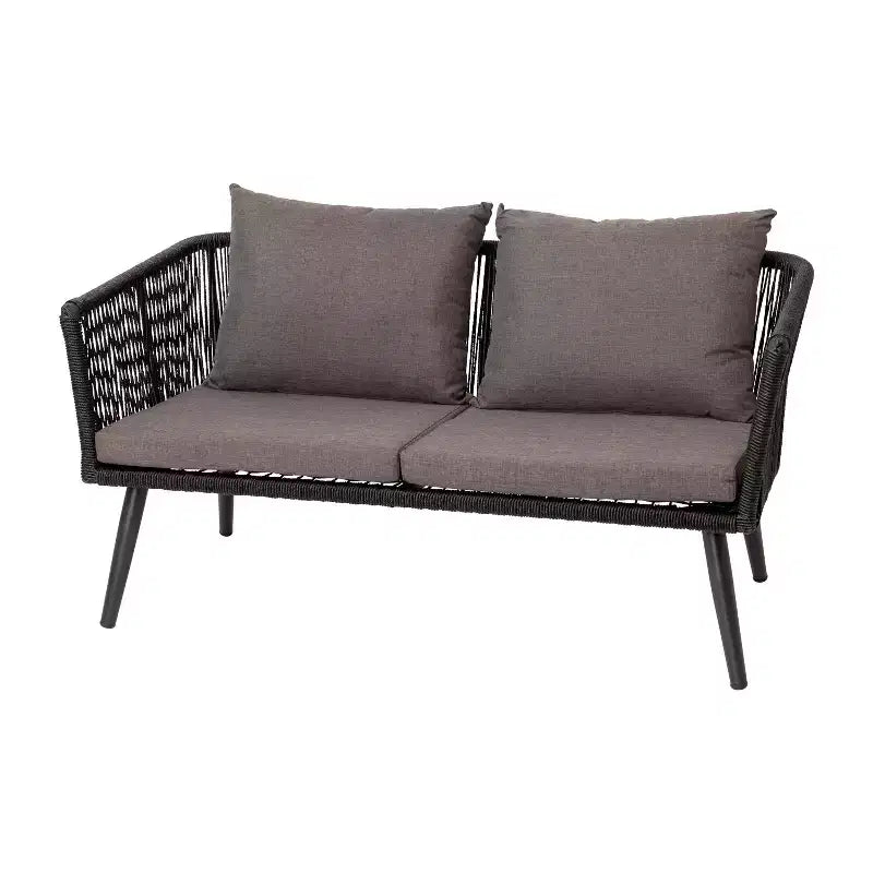 Merrick Lane Outdoor Furniture 4 Piece Black Woven Aluminum Frame Loveseat, 2 Chair and Coffee Table Set With Gray Cushions