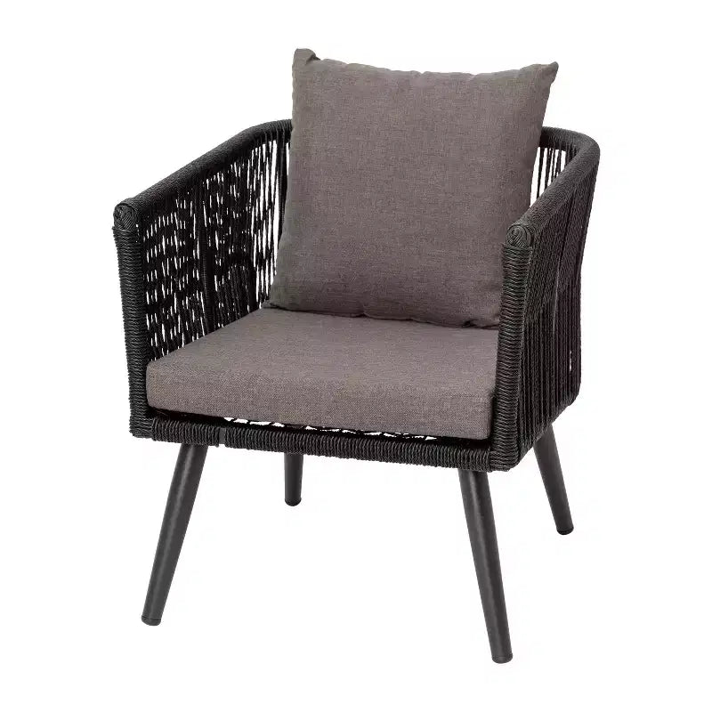 Merrick Lane Outdoor Furniture 4 Piece Black Woven Aluminum Frame Loveseat, 2 Chair and Coffee Table Set With Gray Cushions