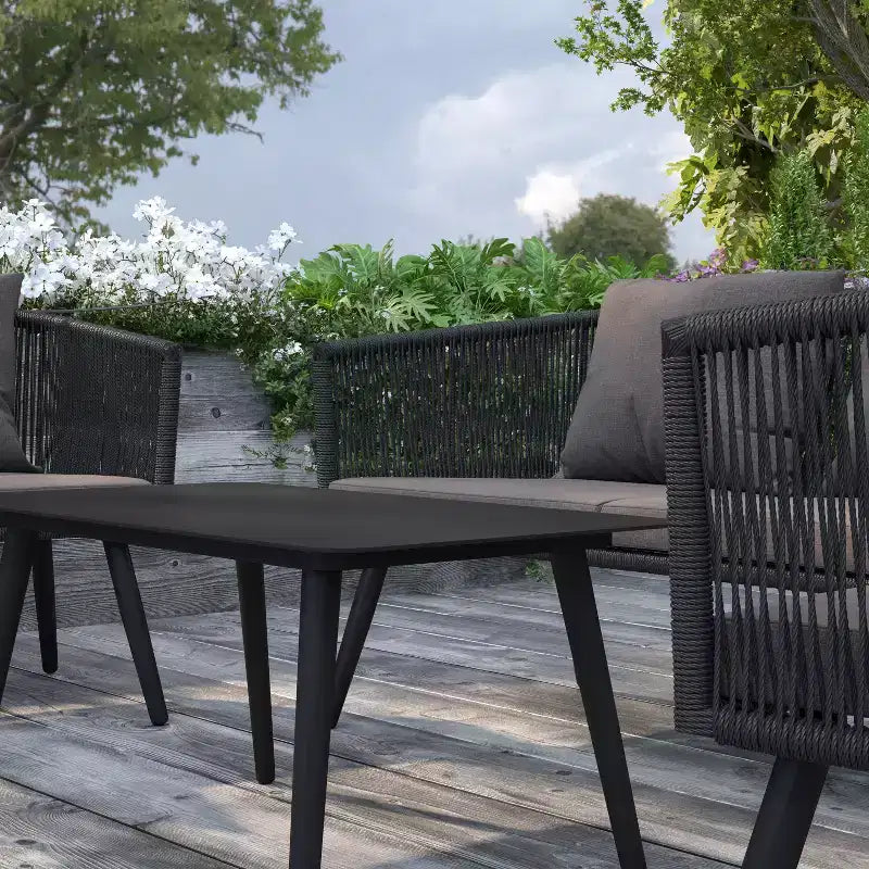 Merrick Lane Outdoor Furniture 4 Piece Black Woven Aluminum Frame Loveseat, 2 Chair and Coffee Table Set With Gray Cushions